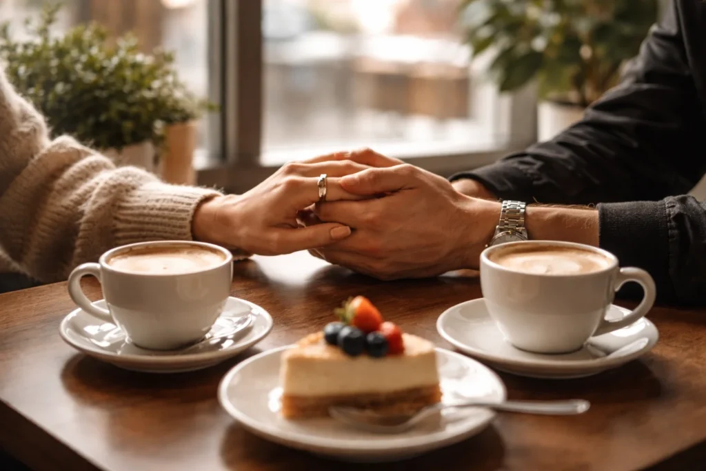 Two people hold hands across a café table with coffee cups in soft daylight.
