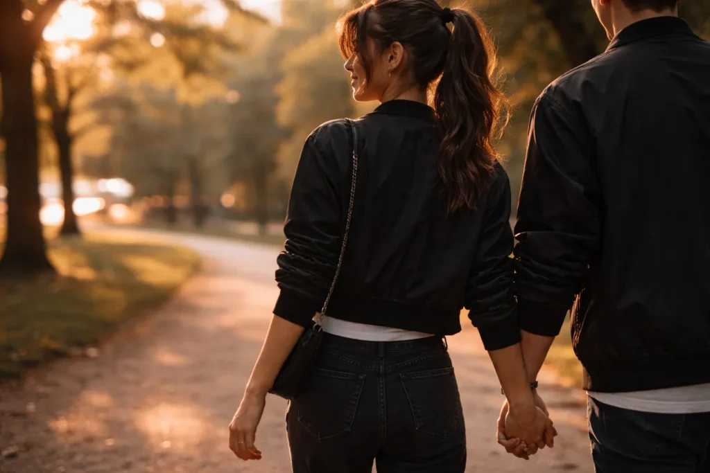 A couple holds hands while walking in a park at sunset, faces turned away.