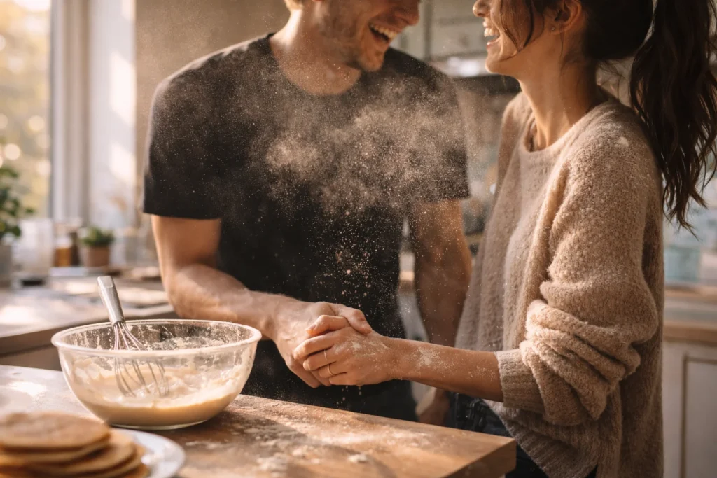 A couple laughs while cooking in a bright kitchen with a mixing bowl and whisk.