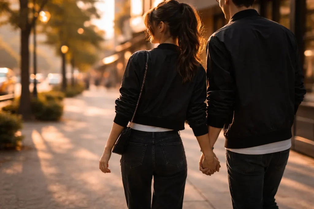 A couple holds hands while walking in warm sunset light on a city street.