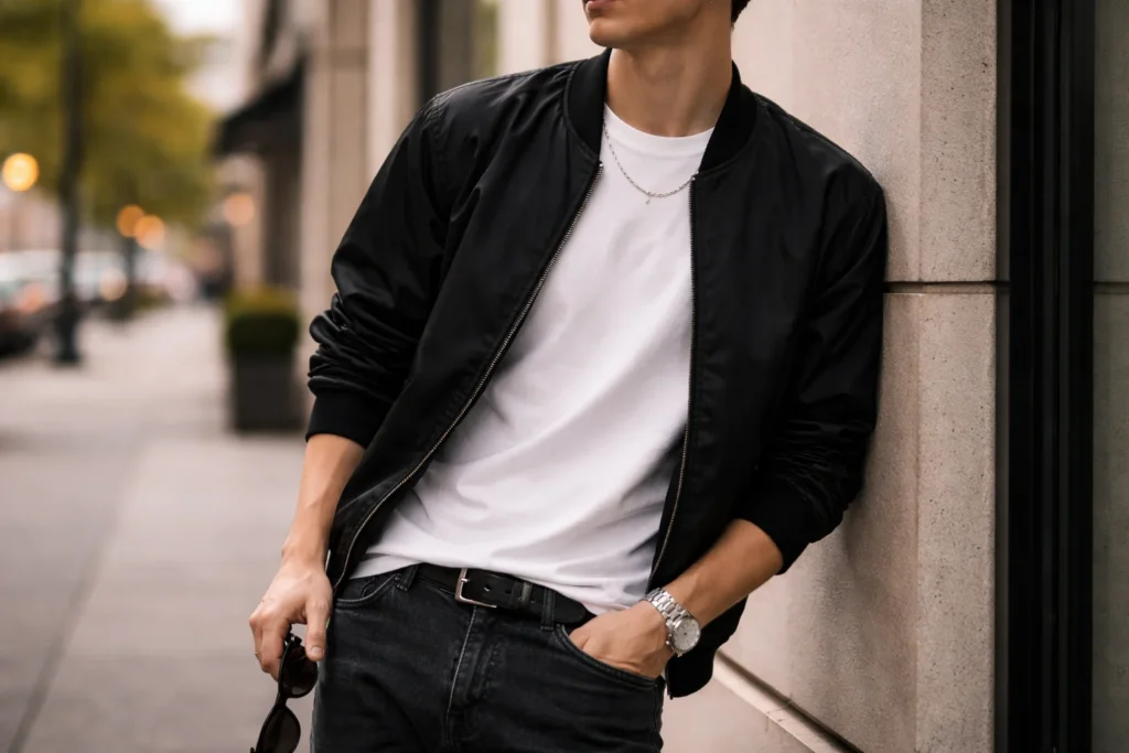 A stylish young man poses casually against a city wall in soft daylight.