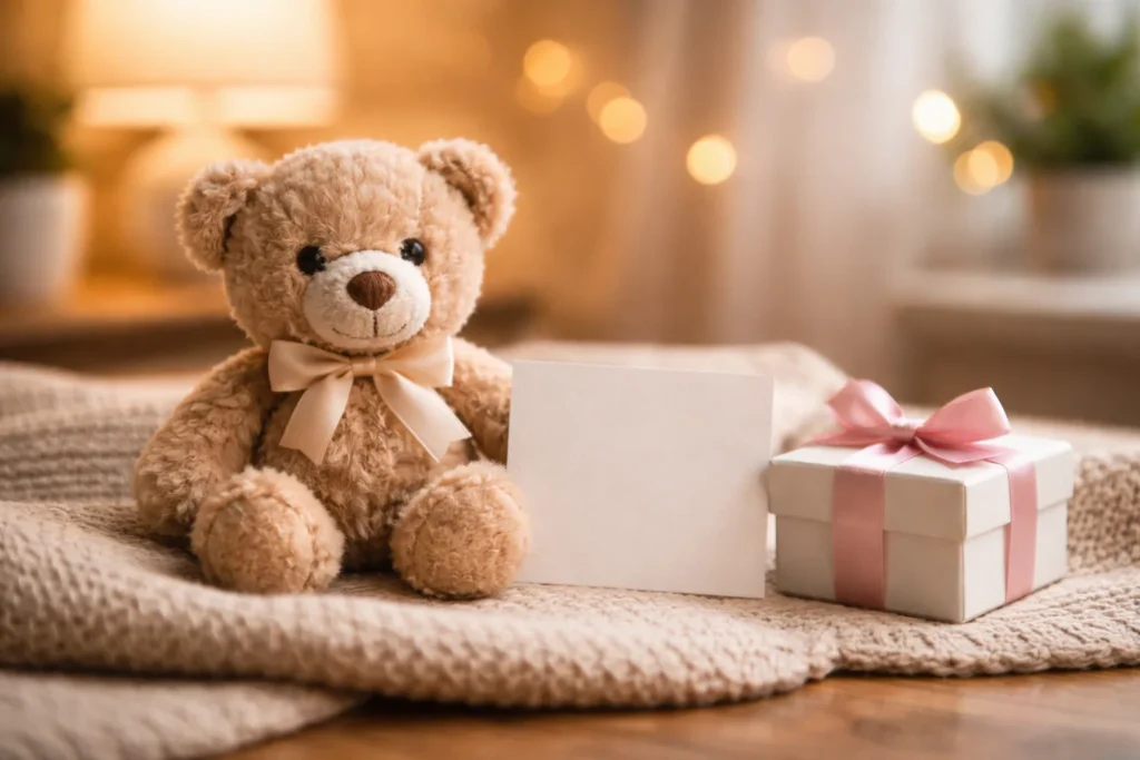 A teddy bear sits beside a blank note card and a small gift box in warm light.