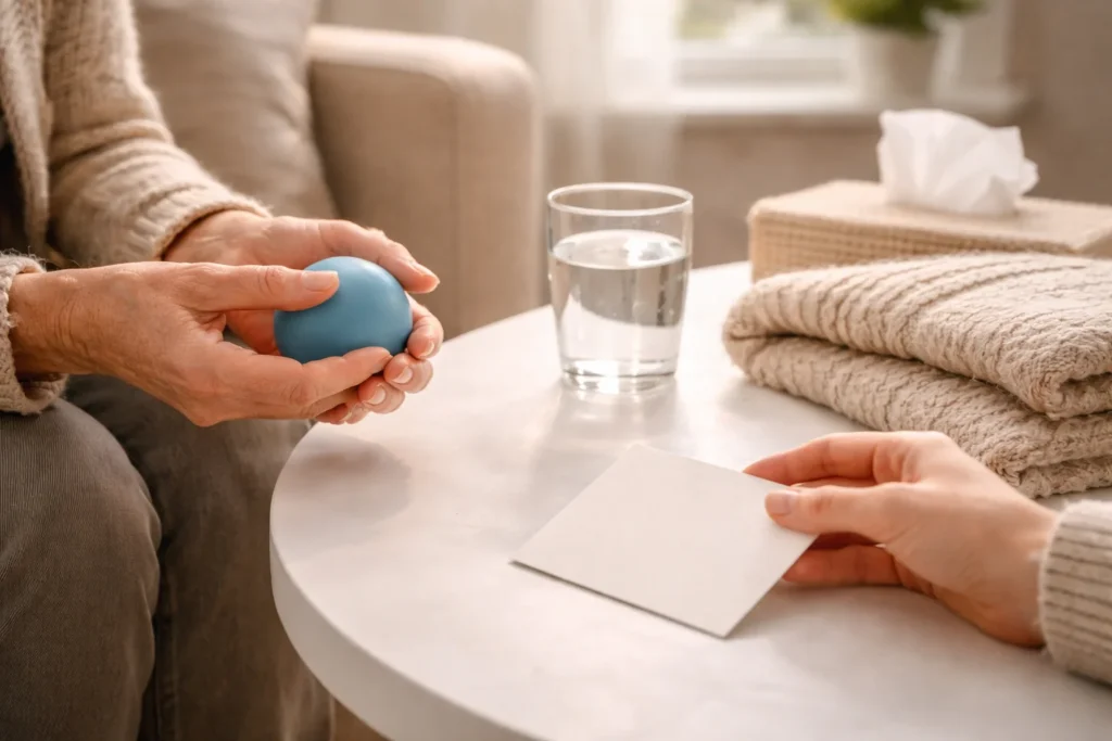 Supportive hands with a stress ball and wellness items on a table for stroke buddy captions for support and strength.