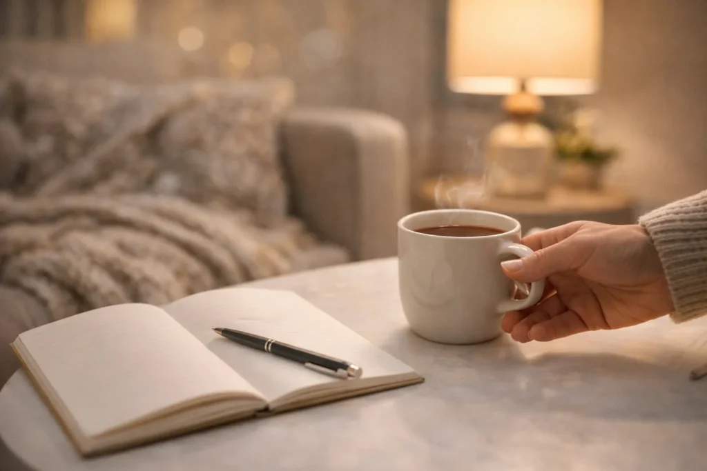 Cup of tea and an open blank journal on a cozy table for heartfelt stroke buddy quotes for healing.