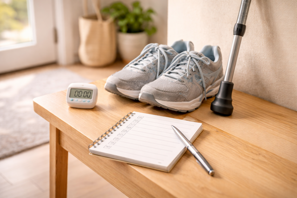 Two friends sit close on a sofa holding hands in a bright living room with a notebook and stress ball nearby, creating a supportive recovery-day mood.