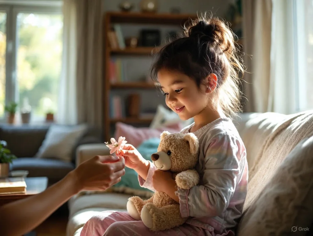 A little girl hugs a teddy bear on a couch in soft daylight, fitting cute daughter captions with a cozy family vibe.