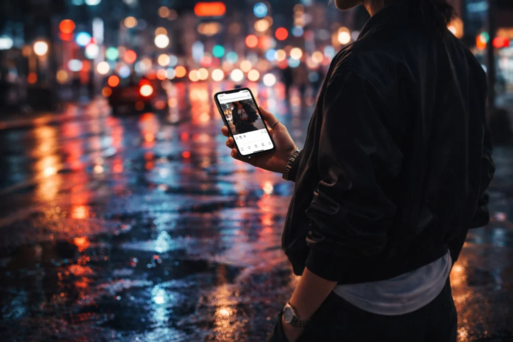 A person in a city at night holds a phone with a generic Instagram-style post layout.