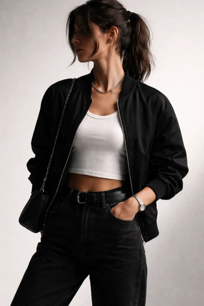 A person in a monochrome outfit stands confidently in a minimal studio setting.