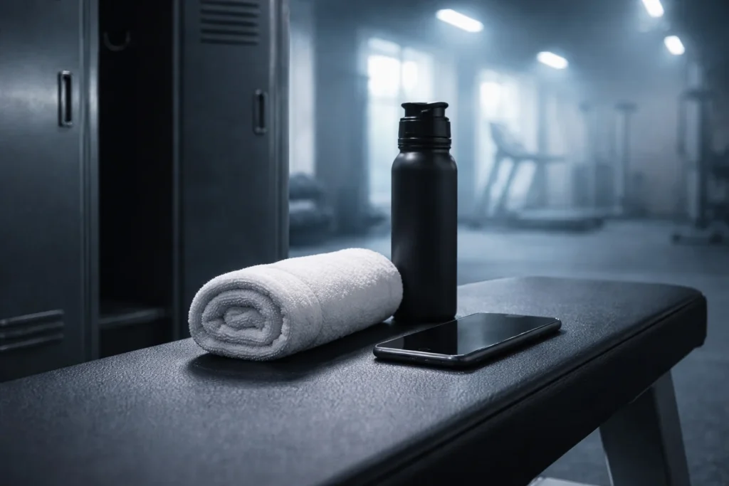 Phone and towel on a gym bench near metal lockers.