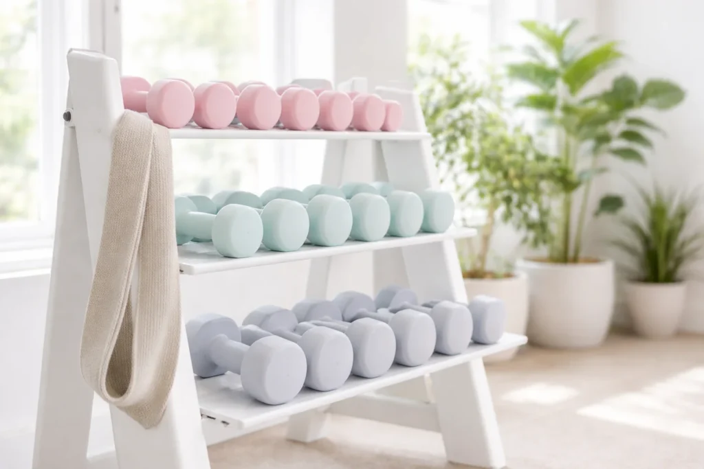 Colorful dumbbells on a rack in a bright modern gym.