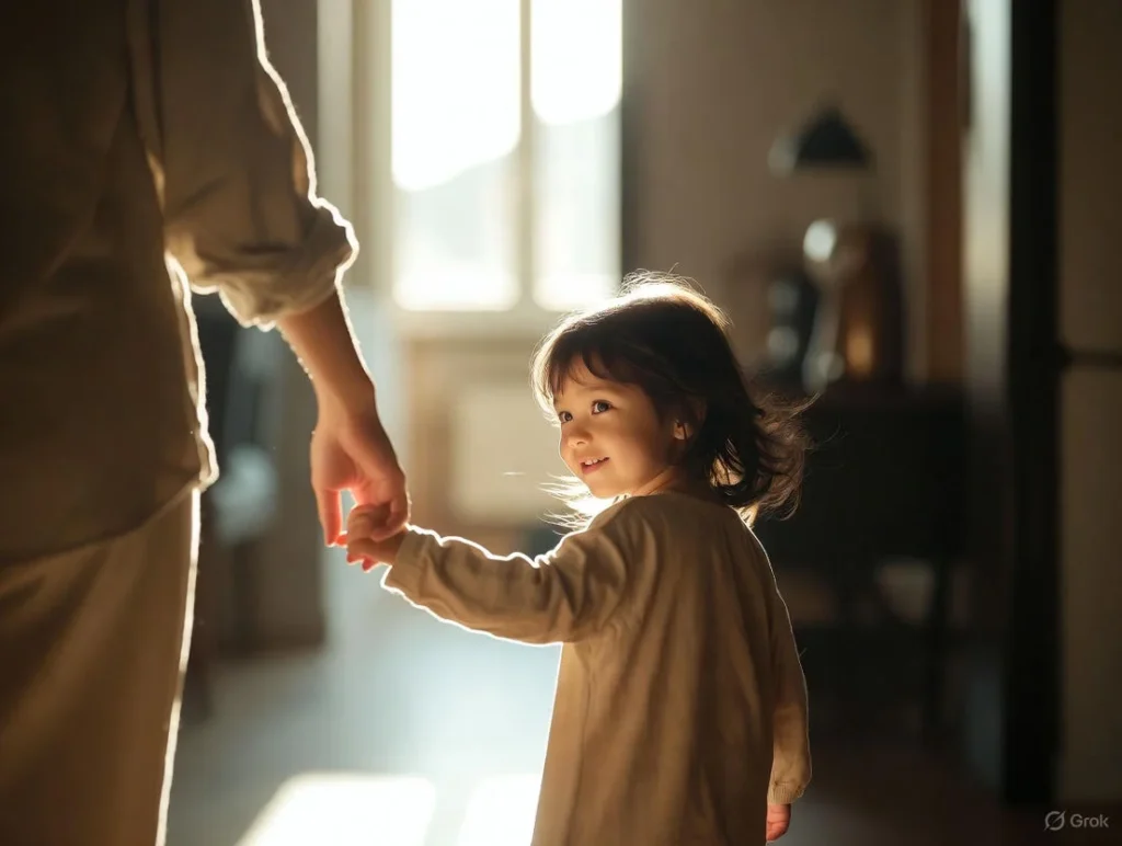 A parent and daughter hold hands in a cozy home hallway, representing short daughter captions in a warm everyday moment.