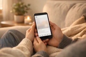 Aesthetic close-up of a couple’s hands holding a phone on a cozy couch, representing short girlfriend captions for Instagram.