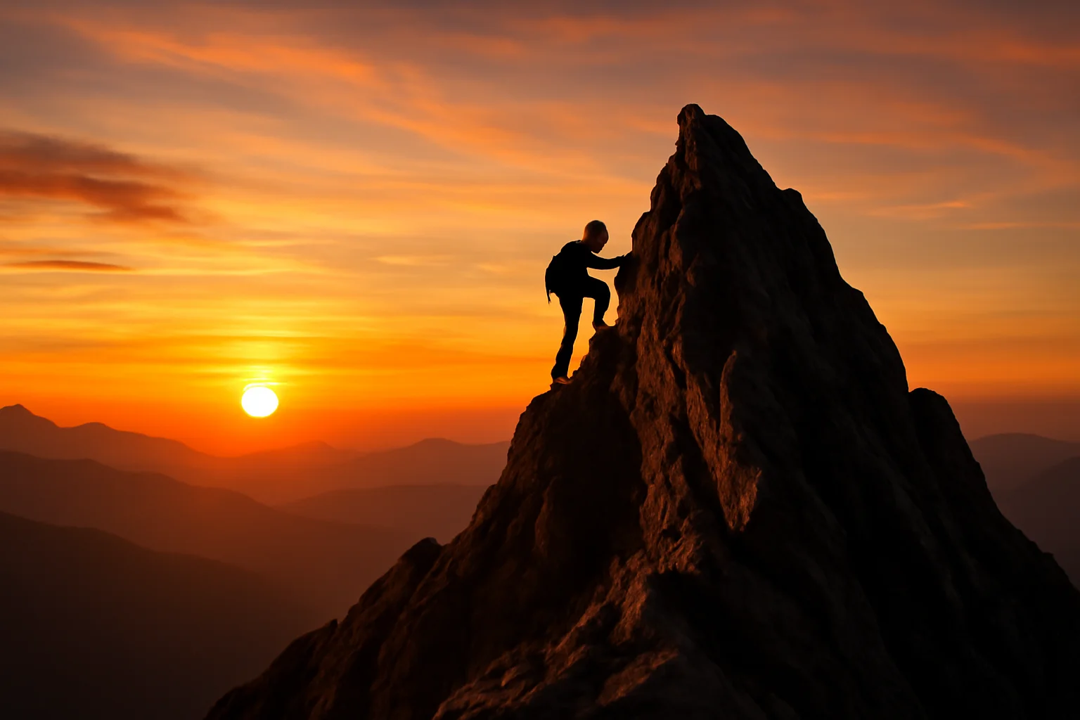 Climber reaching the summit of a mountain at sunset, symbolizing victory and perseverance.