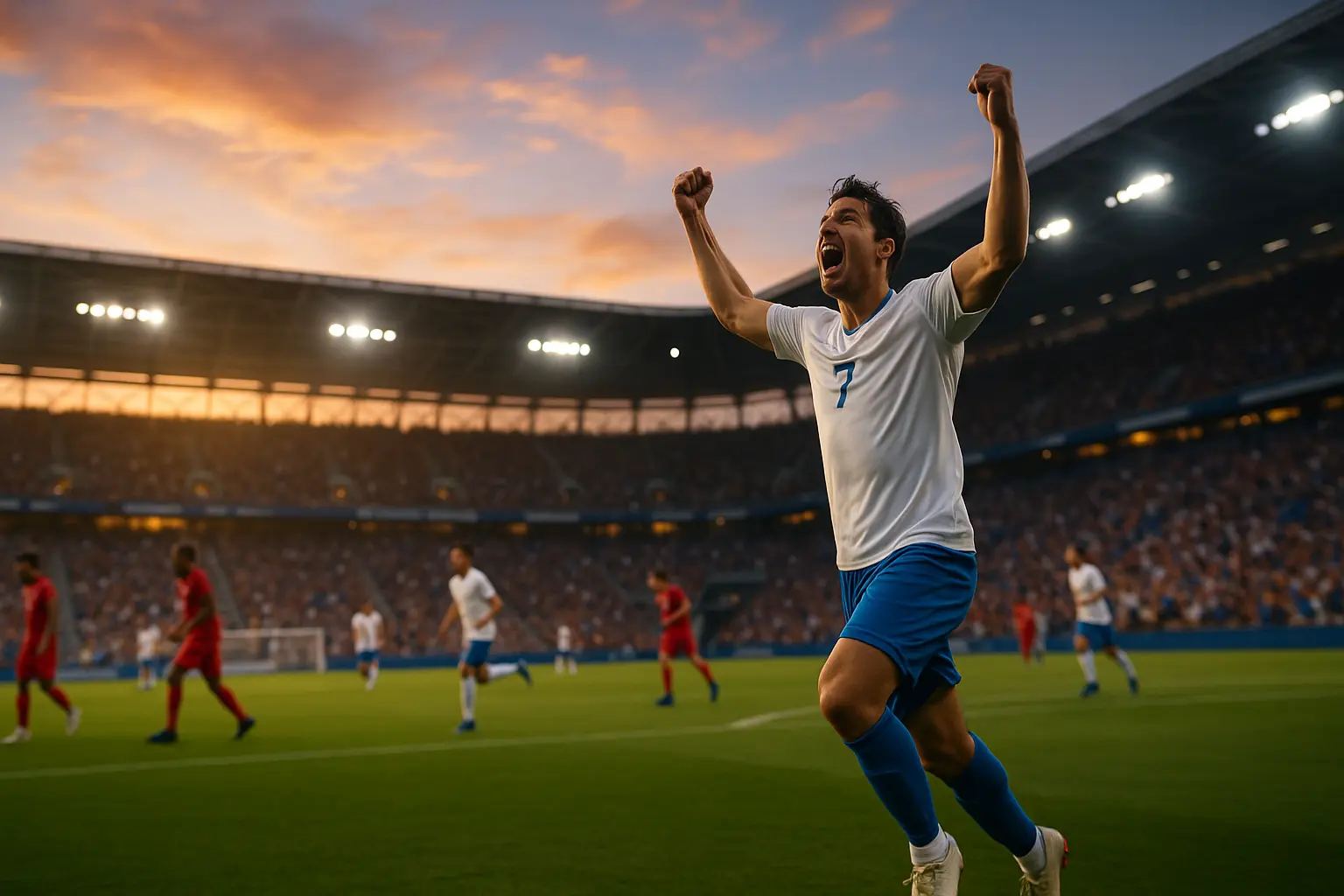 Soccer player celebrating a goal on a full stadium field at sunset with cheering crowd in the background.