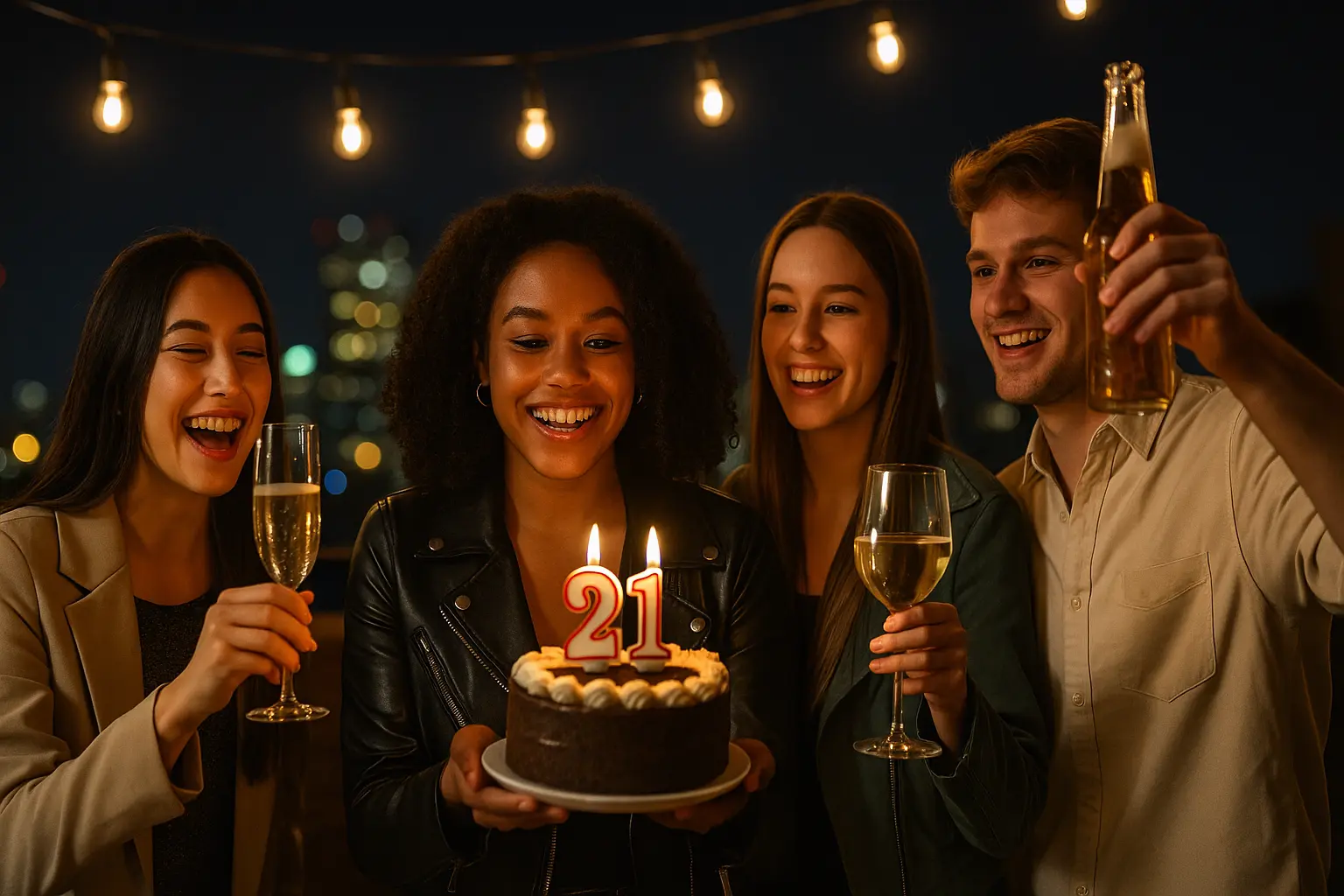 Group of young adults celebrating a 21st birthday on a rooftop at night with cake, drinks, and city lights in the background.