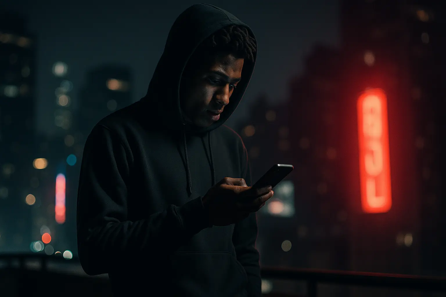 Young man on a city rooftop at night, hoodie up and phone in hand, creating NBA YoungBoy-inspired Instagram captions with neon skyline behind him.
