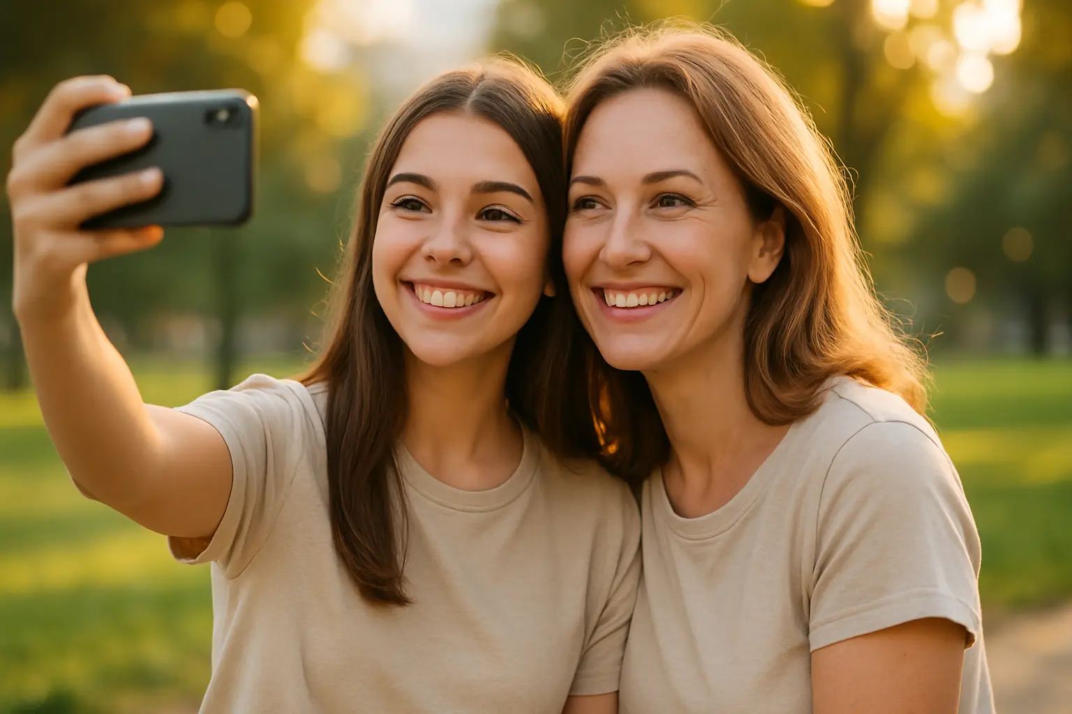 Smiling mom and daughter in matching outfits taking a sunny outdoor selfie, showing their close bond.