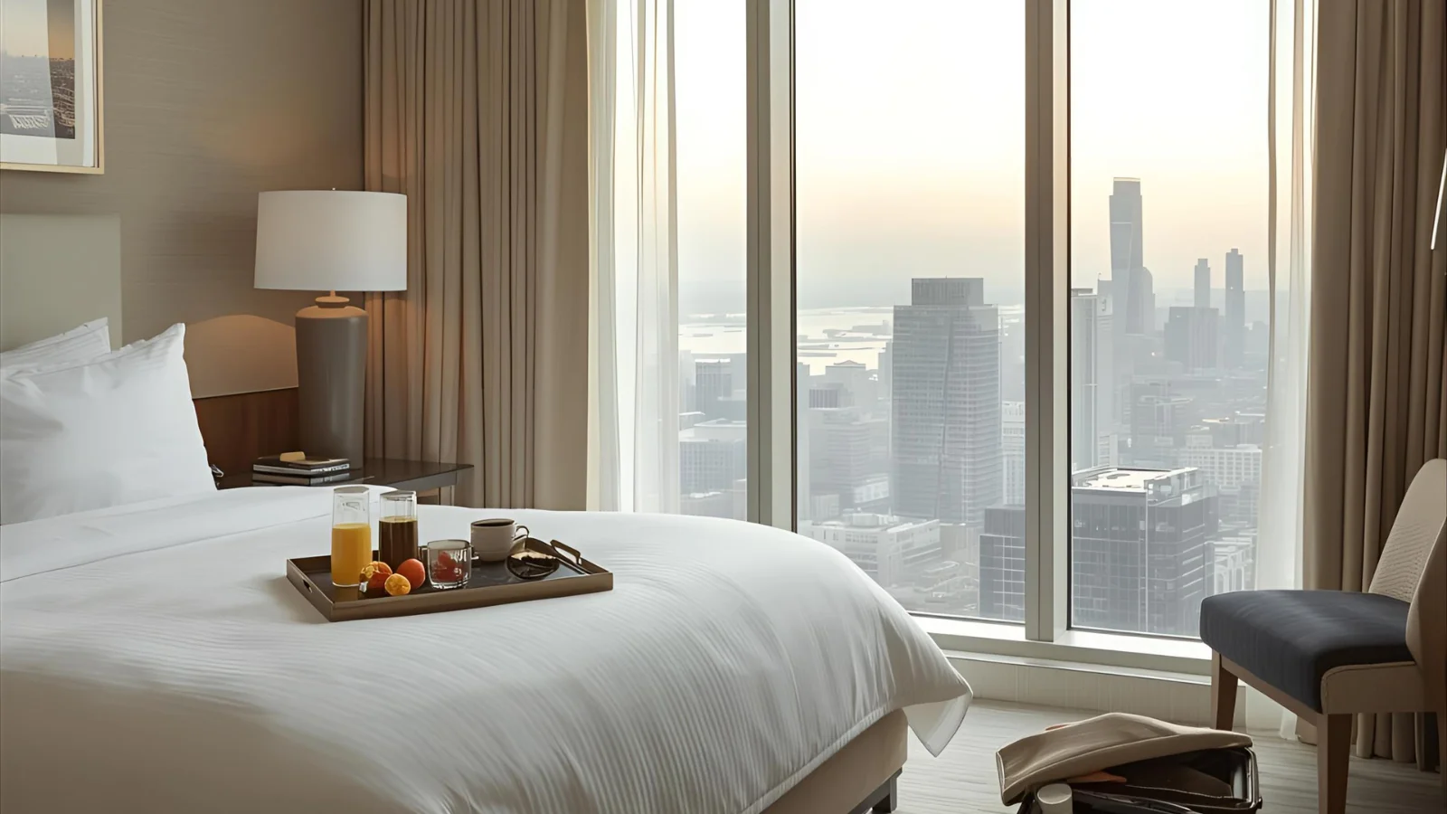 Luxury hotel room with breakfast in bed and city view on a staycation.