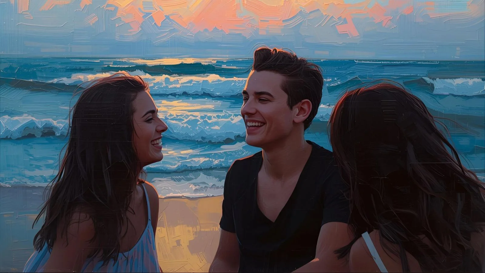 Friends laughing at golden hour by the ocean under pastel sky.
