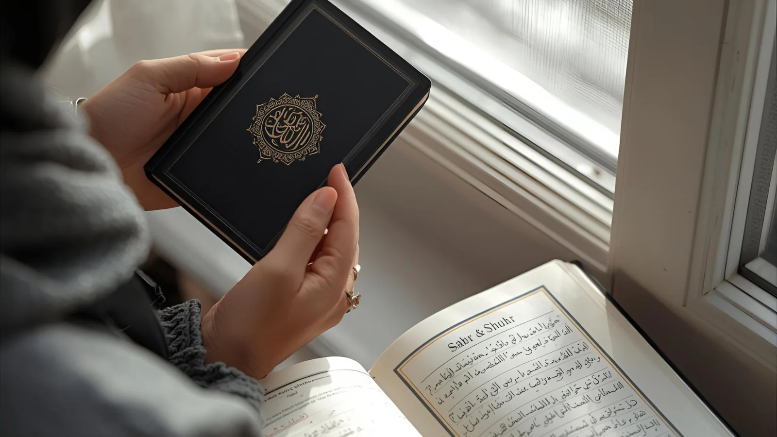 Muslim holding prayer beads beside an open Qur’an with “Sabr & Shukr” written in a notebook.