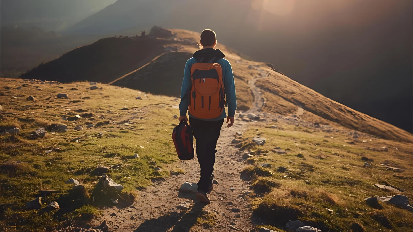 A traveler walks toward distant mountains with a sturdy backpack, soft golden light sitting on the path and trees. The scene shows freedom, movement, and the feeling of carrying your world on your shoulders. It sets the tone for backpack captions that mix adventure, comfort, and story.