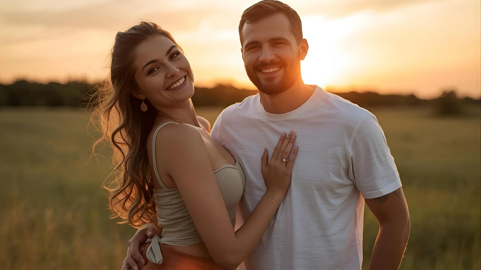 Smiling wife leaning on husband outdoors at sunset, stylish outfit, social media vibe.