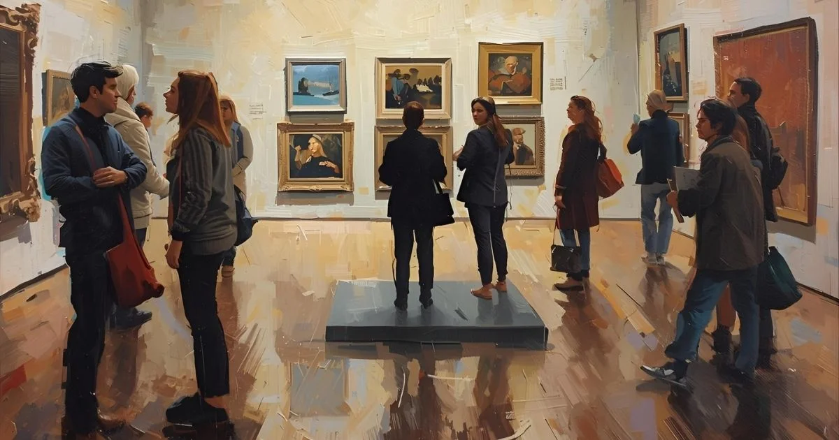 People admiring modern art in a softly lit gallery.