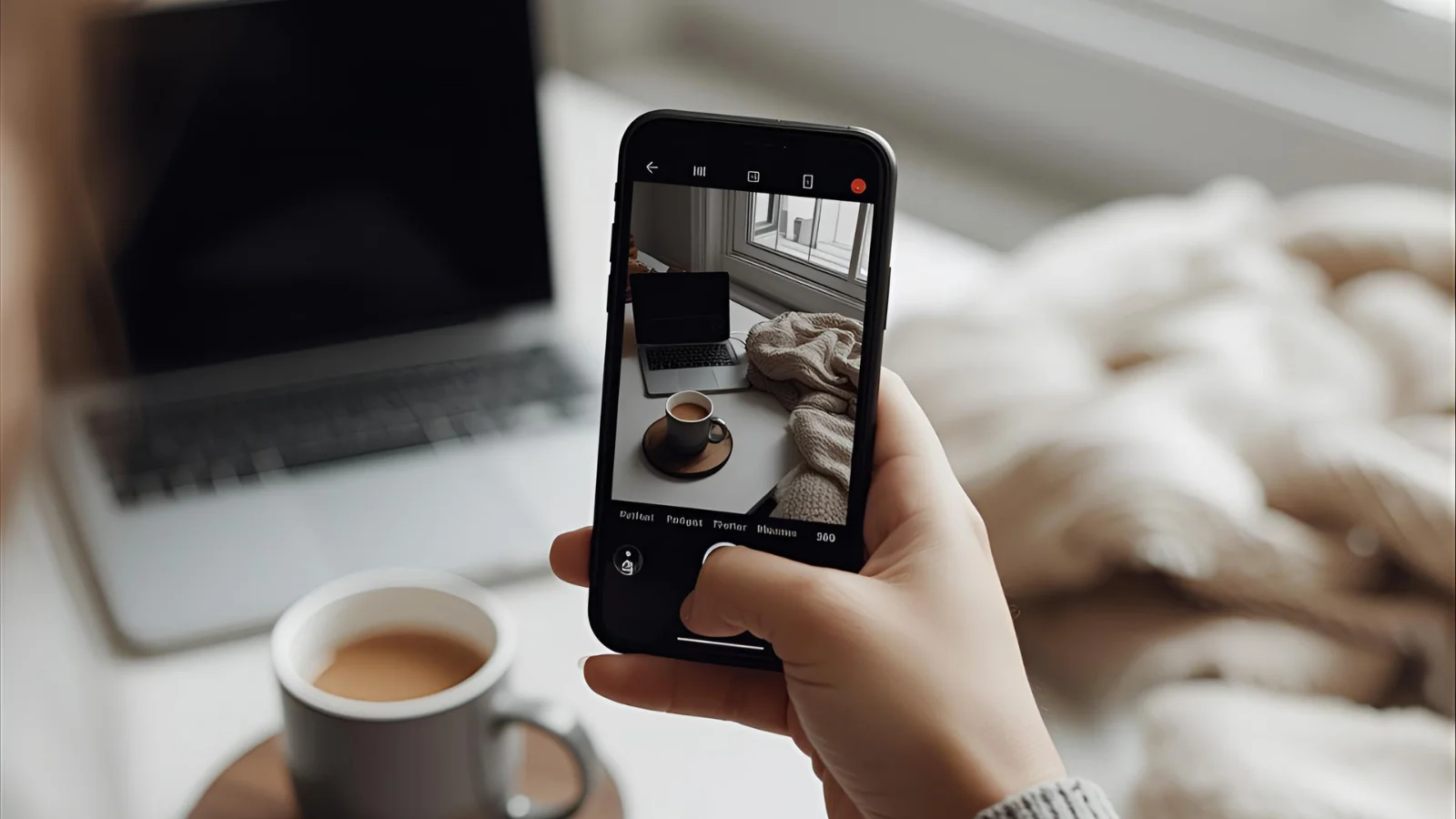 Person filming an aesthetic day in my life reel at a cozy desk.