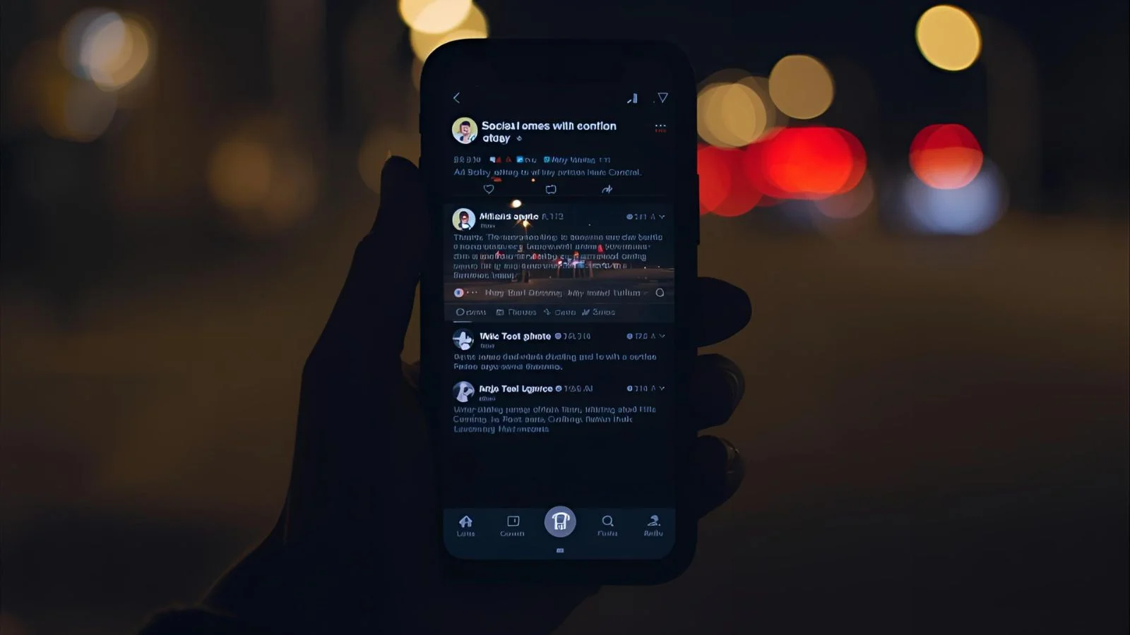 A neutral phone-in-hand over a blurred social feed, night tones, safe-for-work. Alt-text: Person viewing a social feed with safety and content controls in focus.