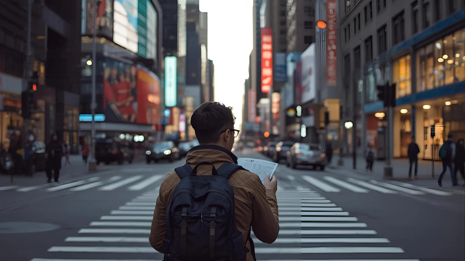 Traveler looking at a phone map while lost in a new city street.
