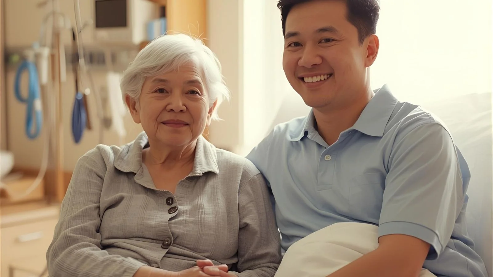 Stroke survivor and supportive friend holding hands and smiling in a softly lit hospital room.