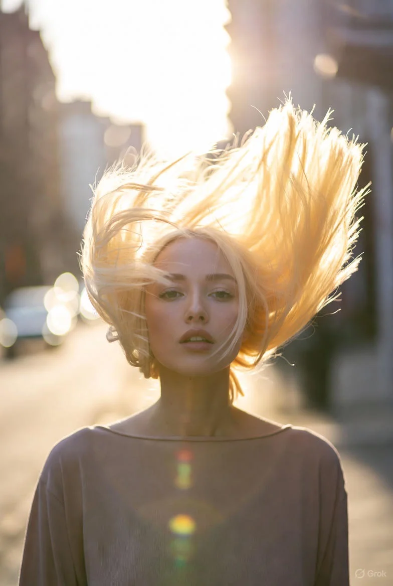 Hands lifting sunlit blonde hair near a softly blurred city street at golden hour.