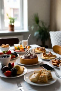A brunch table with cake and a number 24 candle beside a phone and flowers