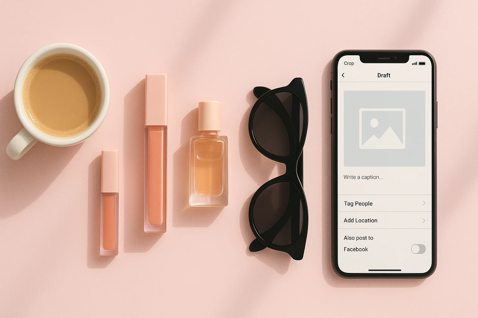 Pastel pink flat lay with coffee, lip gloss, perfume, sunglasses, and phone.