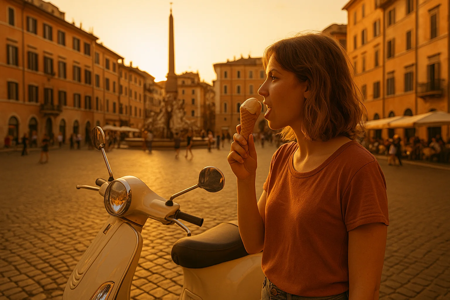 Golden-hour Rome piazza with gelato and a Vespa