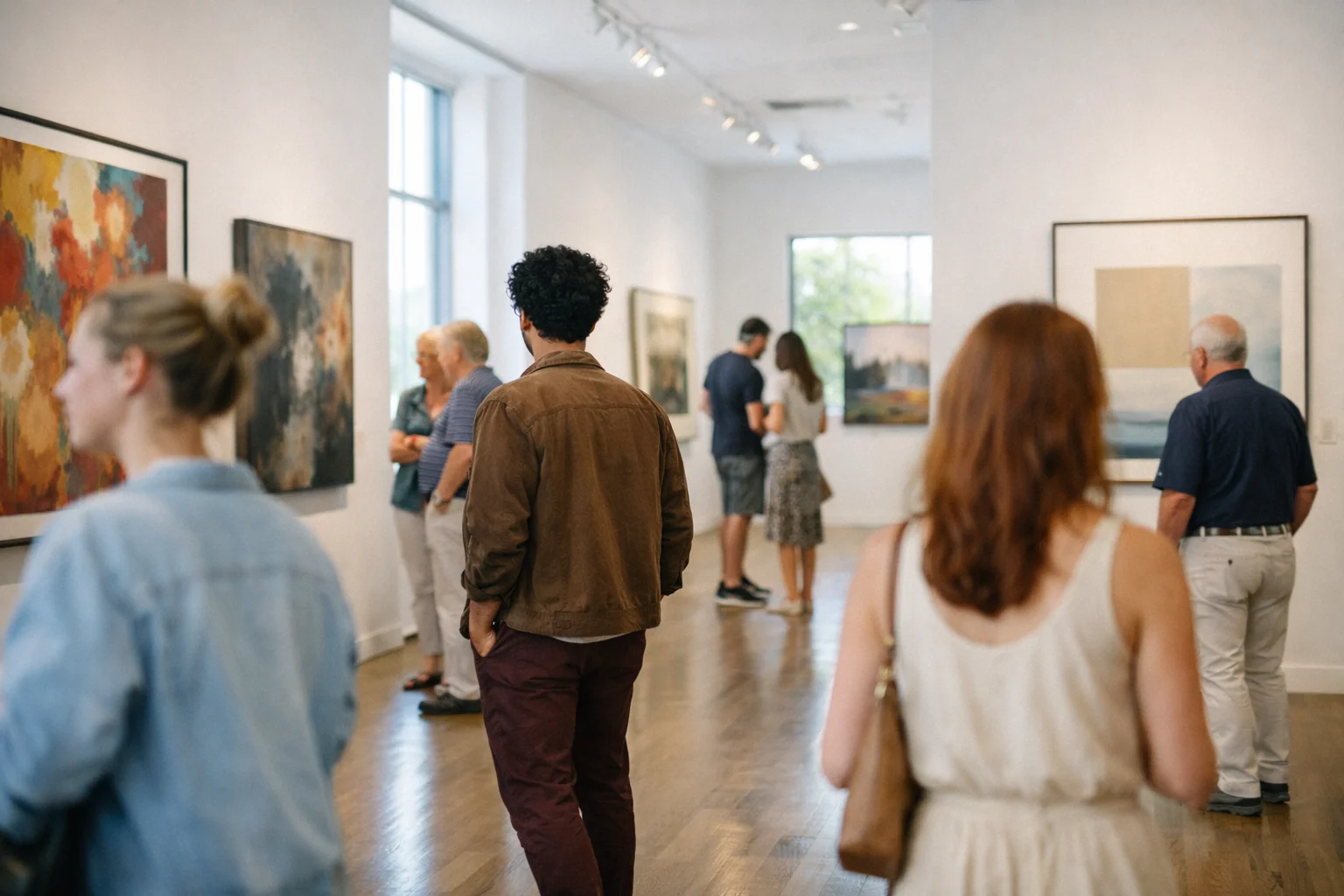 Visitors walking through a modern art gallery with framed artwork