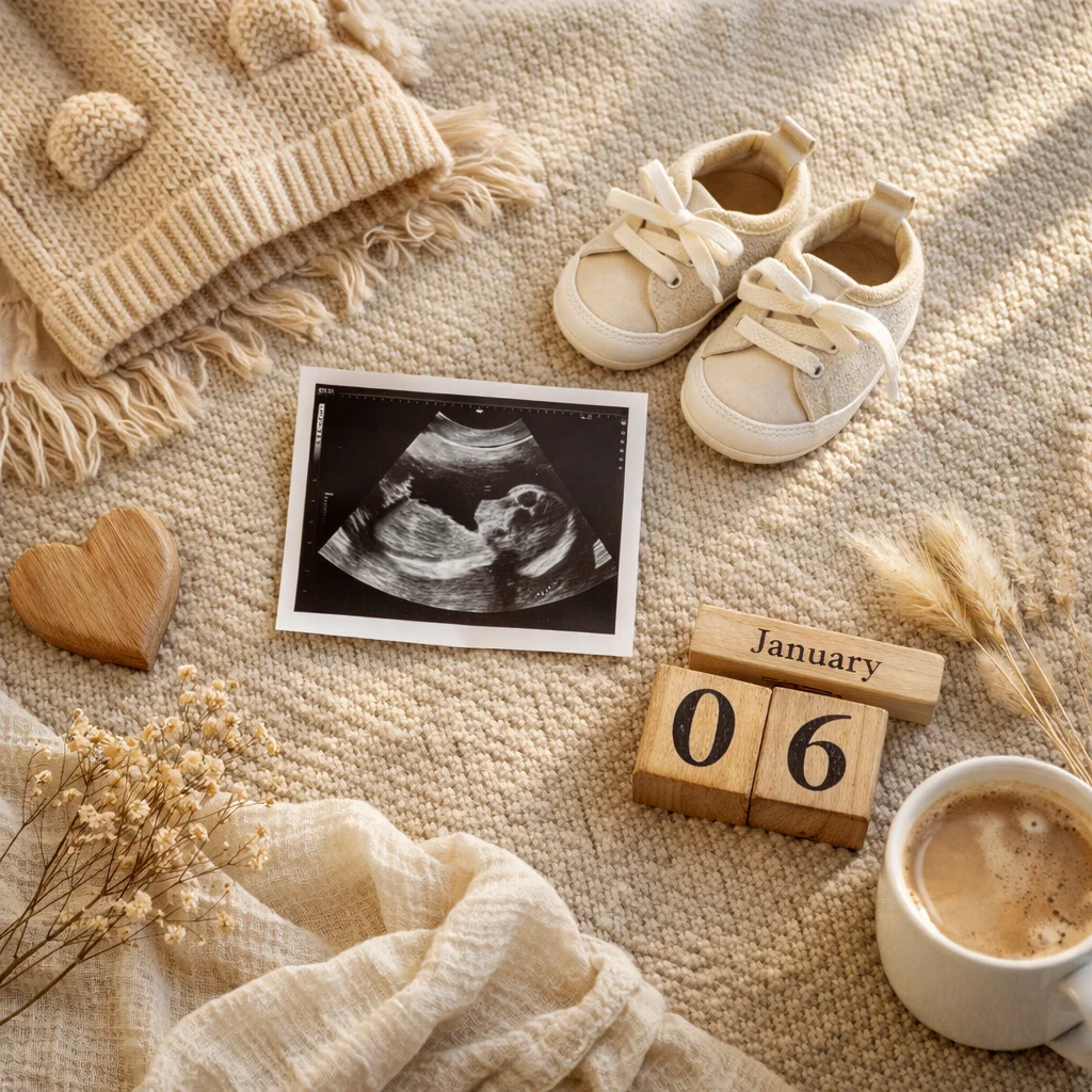 Flat-lay pregnancy announcement with ultrasound and tiny baby shoes