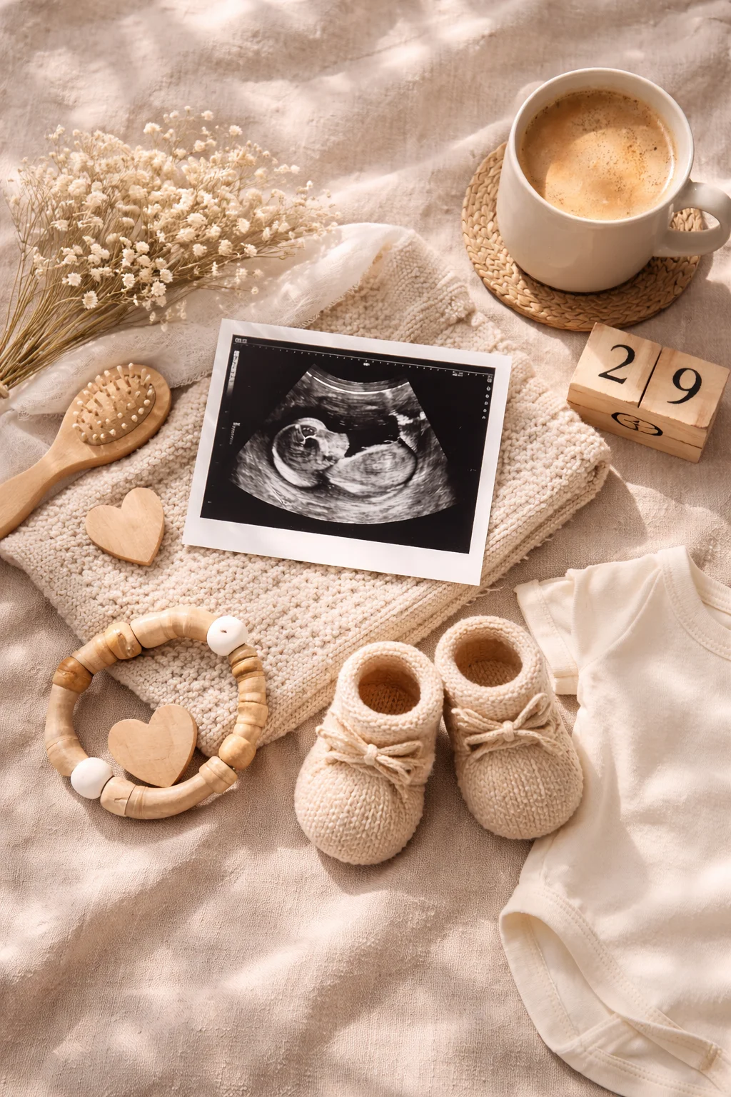 Cozy flat-lay with ultrasound photo and tiny baby shoes