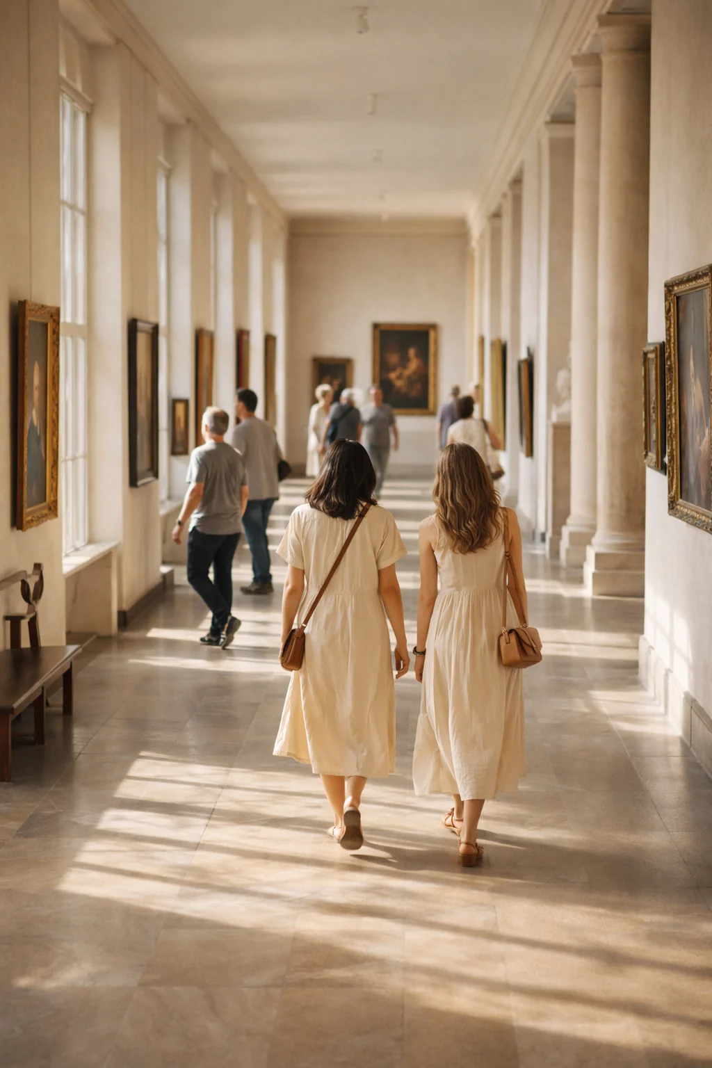 Visitors walking through a bright museum hallway with framed art