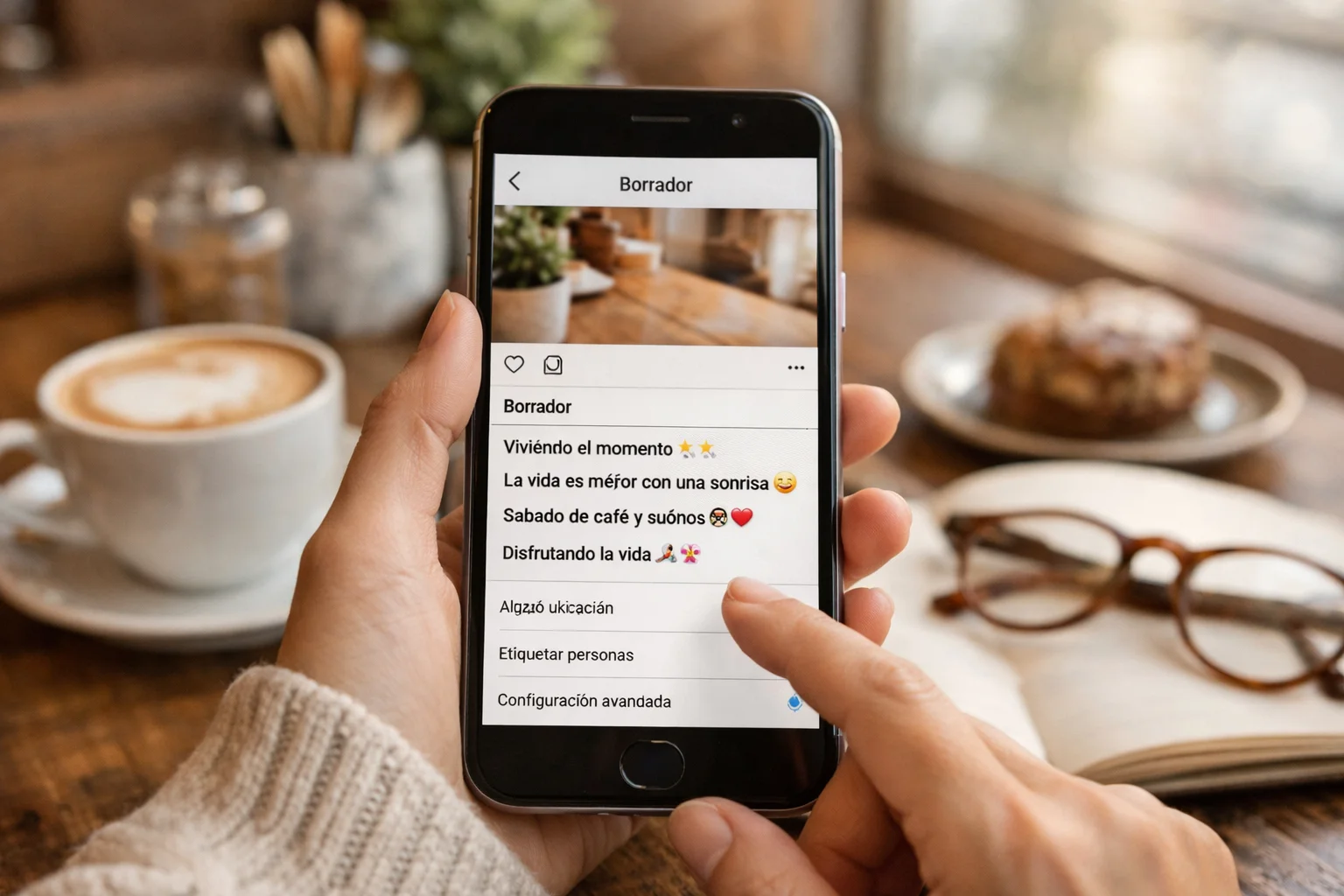 Phone showing a Spanish Instagram caption draft in a cozy café.