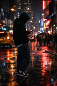 Person in streetwear taking a night photo under neon city lights.