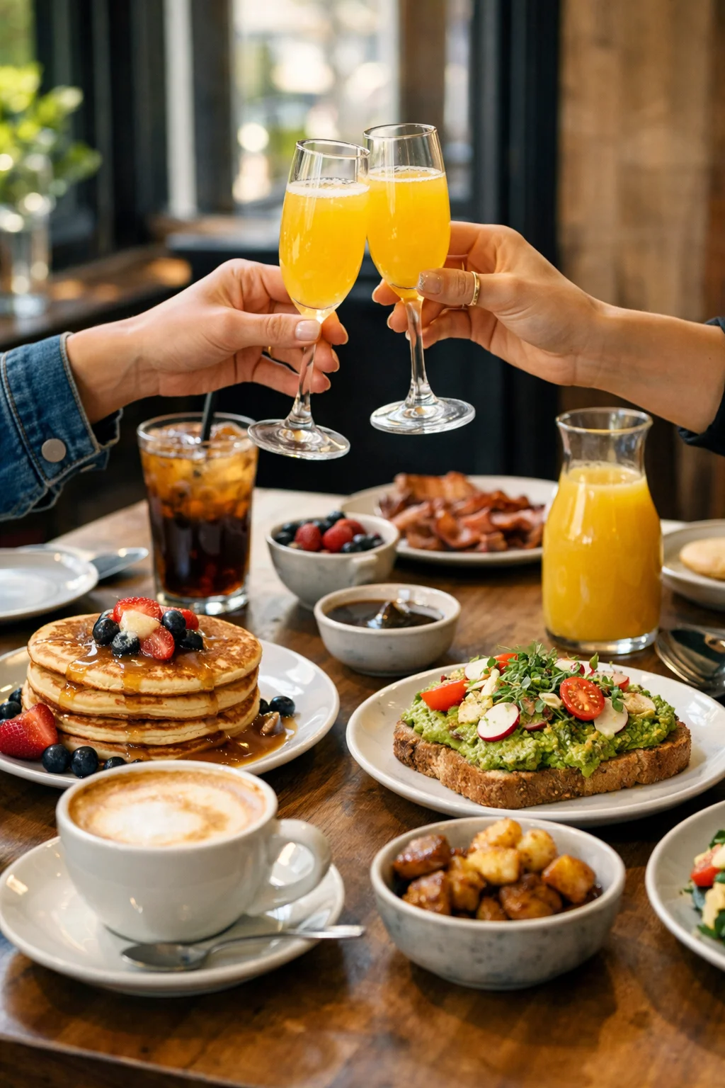 Brunch spread with pancakes, avocado toast, coffee, and mimosas on a sunlit table.