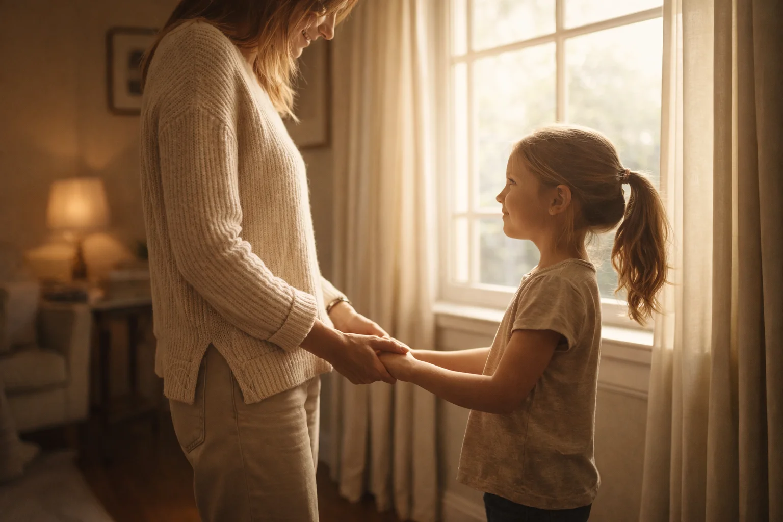 Parent and daughter holding hands by a bright window