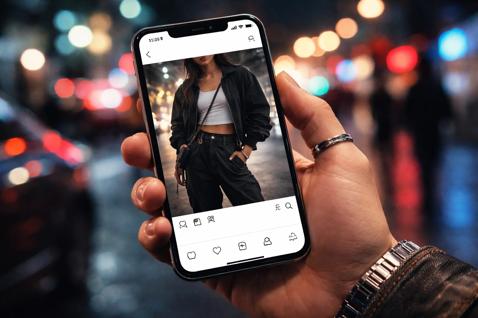 Hand holding a phone with a generic Instagram post UI in city lights.