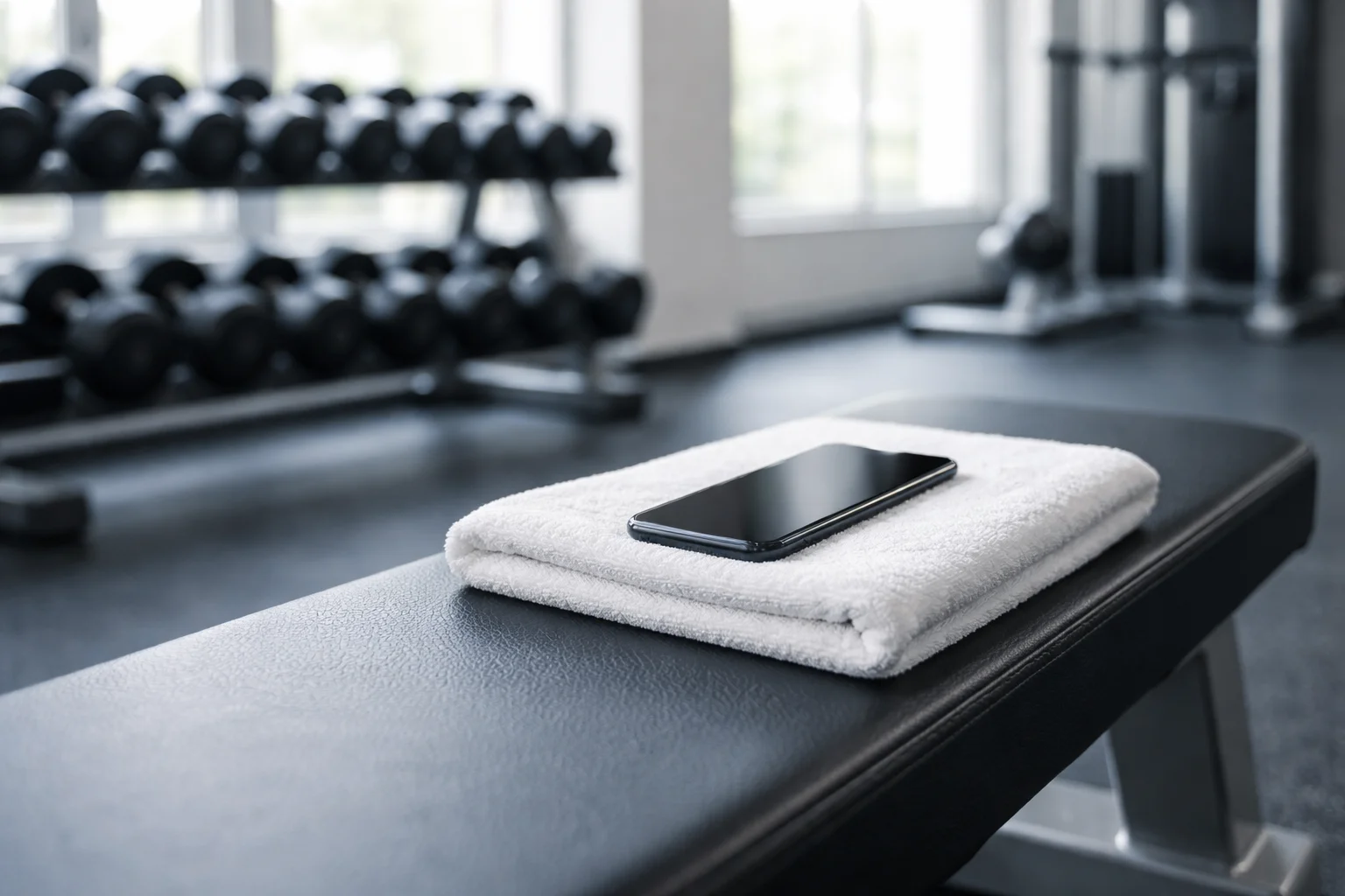 A smartphone sits on a towel on a modern gym bench with blurred dumbbells behind in bright window light, showing modern gym bench once.