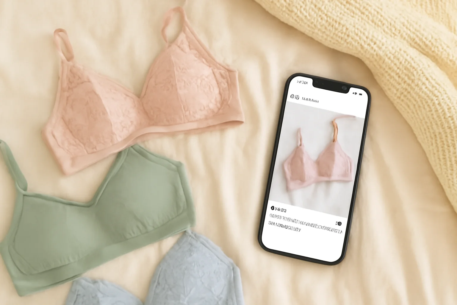 Flat lay lingerie and phone ready for social media caption post.