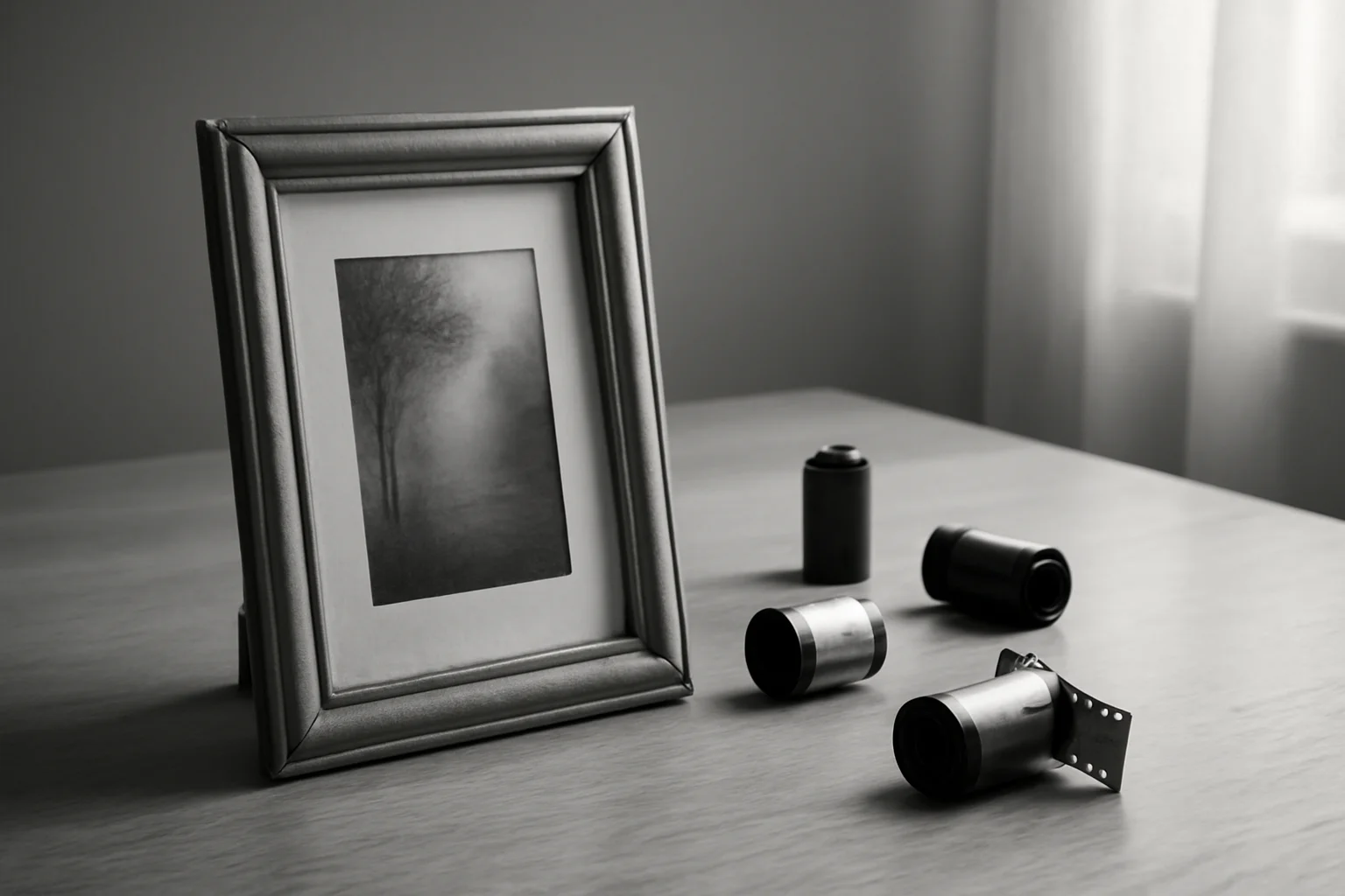 Artistic monochrome photo frame with film rolls on wood — evokes nostalgia and timeless memory