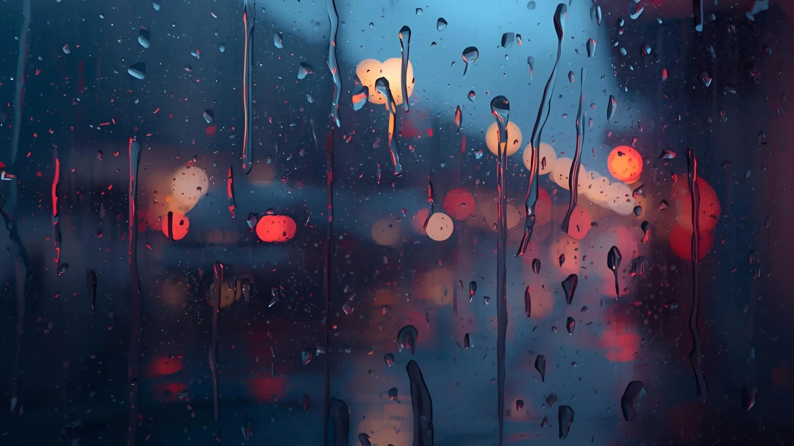 Raindrops on a window with soft streetlight reflections, capturing the mood of a cozy rainy day, perfect for a "caption for raining" photo.