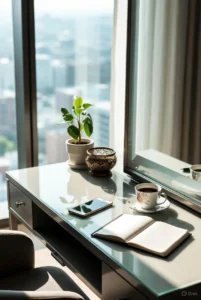 A phone and coffee beside an open notebook on a vanity table