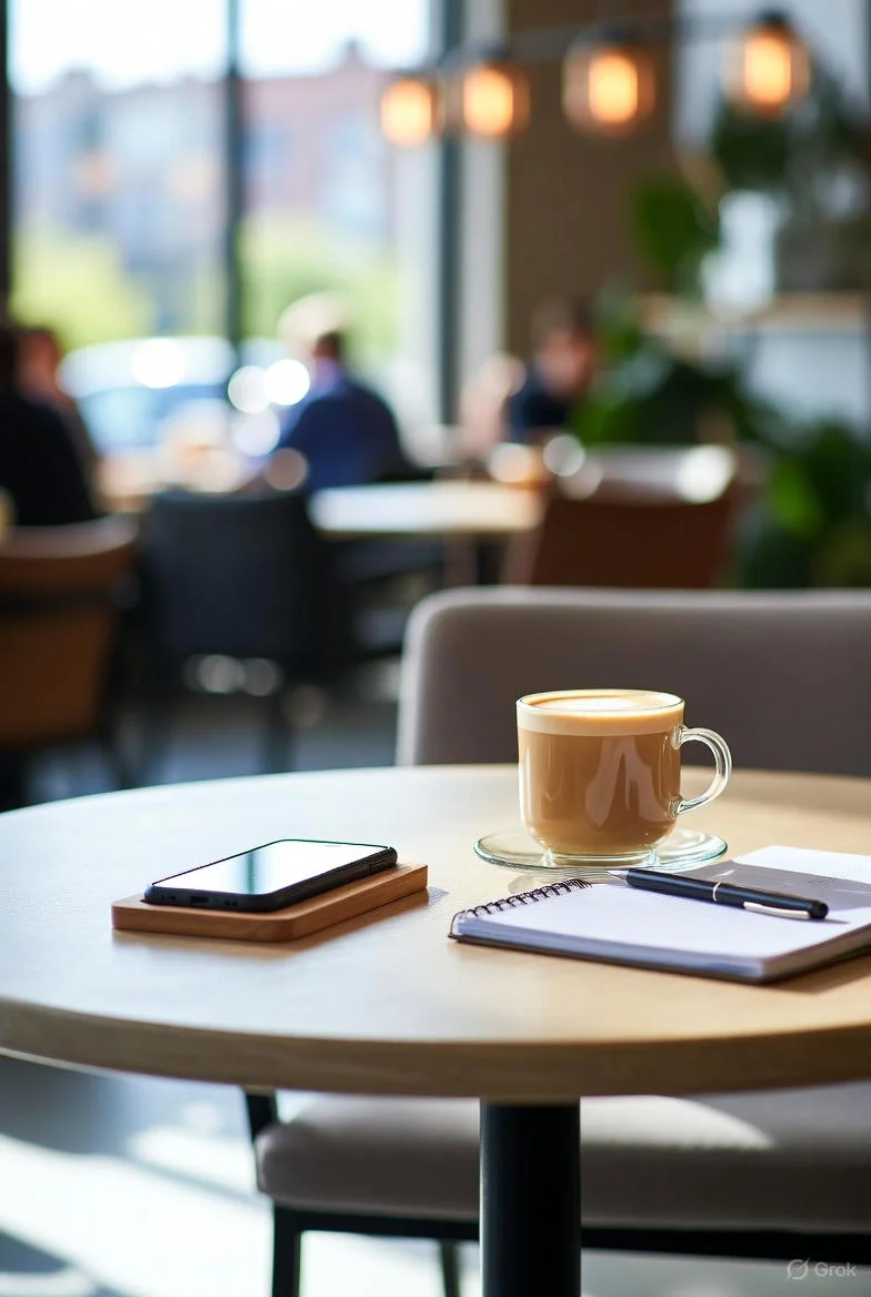 A phone beside a latte and open notebook on a café table